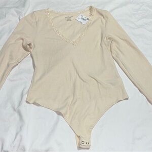 American Eagle Outfitters Cream Ribbed Long Sleeve Bodysuit